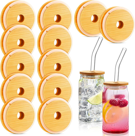 12 Pack of 16oz Bamboo Beer Glass Lids with Straws - Lid for Drinking Glasses, Compatible with Beer Glass Jars