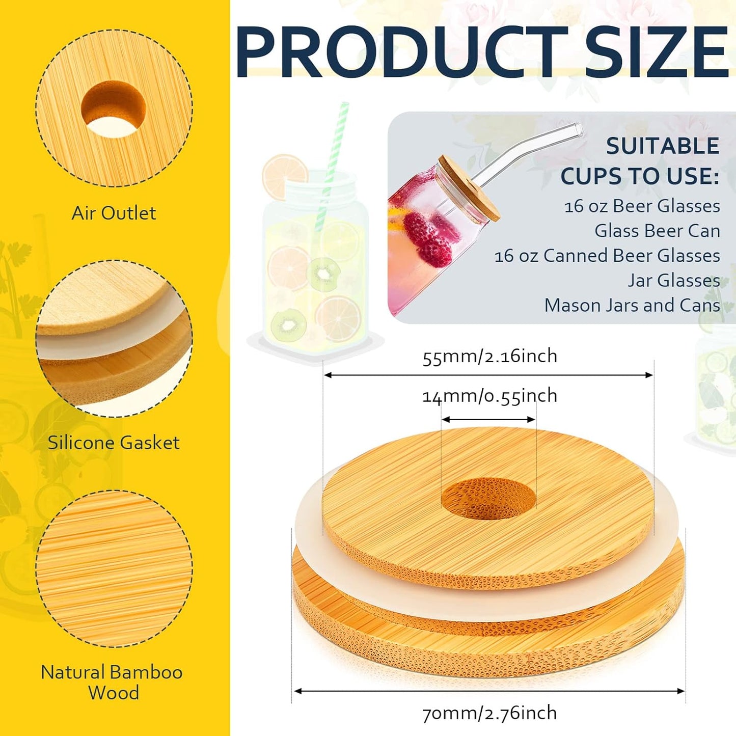 12 Pack of 16oz Bamboo Beer Glass Lids with Straws - Lid for Drinking Glasses, Compatible with Beer Glass Jars