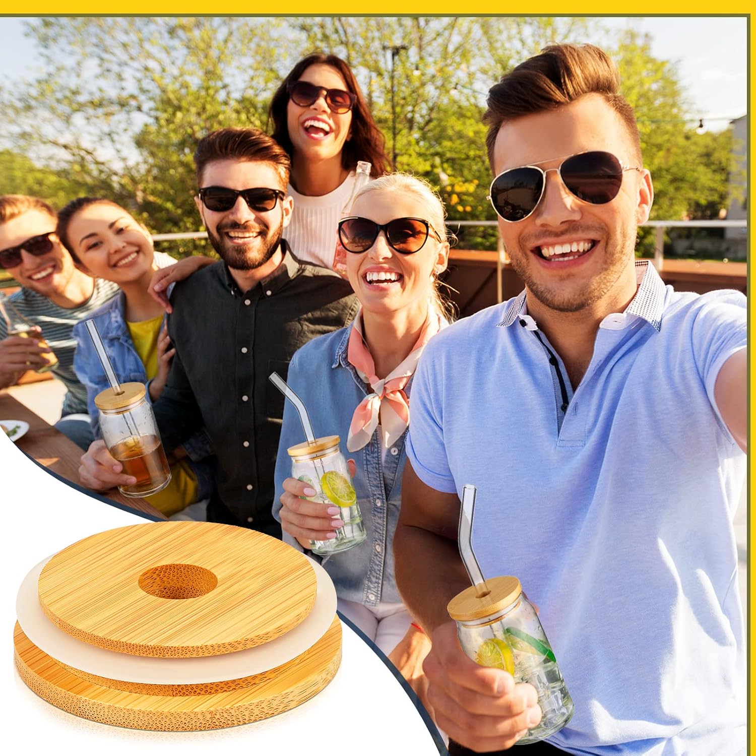 12 Pack of 16oz Bamboo Beer Glass Lids with Straws - Lid for Drinking Glasses, Compatible with Beer Glass Jars