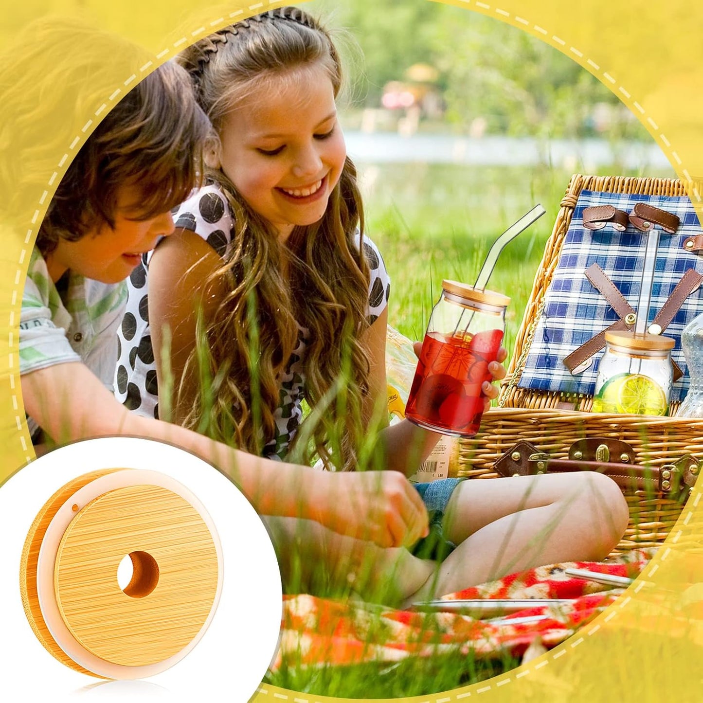 12 Pack of 16oz Bamboo Beer Glass Lids with Straws - Lid for Drinking Glasses, Compatible with Beer Glass Jars