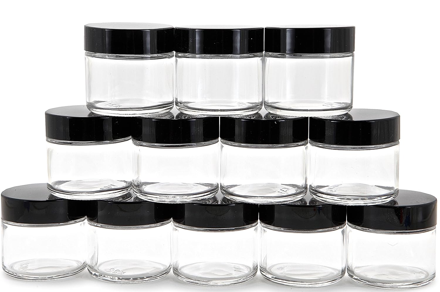 12-Pack of 2 oz Clear Round Glass Jars with Inner Liners and Black Lids by Vivaplex