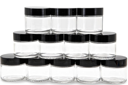 12-Pack of 2 oz Clear Round Glass Jars with Inner Liners and Black Lids by Vivaplex