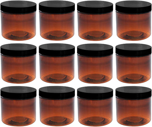 12 Pack of Aromine 8oz Amber Plastic Jars with Blank Labels - BPA Free PET Plastic
