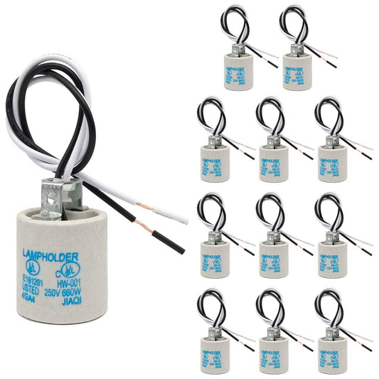 12 Pack of Orange Heart Ceramic E26 Standard Medium Screw Socket with 12" Wire Lead - Ideal for Halogen, Incandescent, and LED Bulbs
