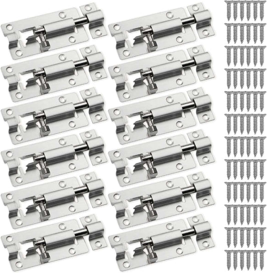 12 Pack of SANATO Stainless Steel Sliding Latch Locks for Door Security - 3 Inch Slide Barrel Bolt Latches