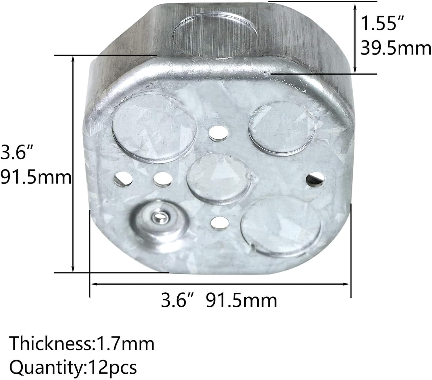 12 Pack Qlvily Octagon Electrical Junction Box with Raised Ground, 1-1/2'' Deep, Galvanized Metal, 3/4" Side Knockouts