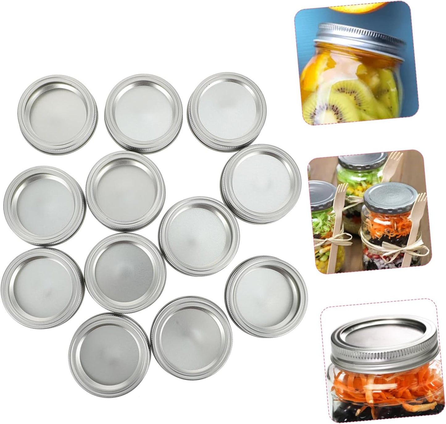 12 Pack Wide Mouth Mason Jar Lids Replacement Rings Bands - Silver Tinplate - for Canning Jars, Salad Mason Jars, BIUDECO