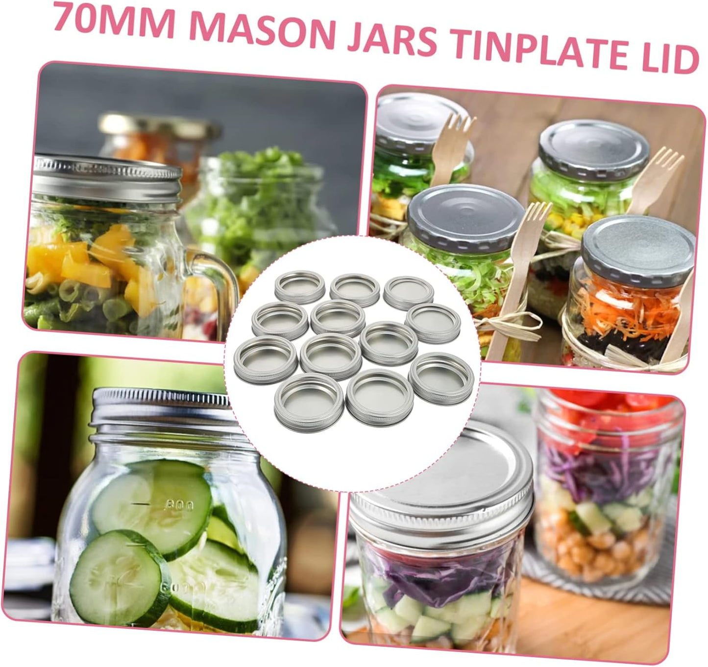 12 Pack Wide Mouth Mason Jar Lids Replacement Rings Bands - Silver Tinplate - for Canning Jars, Salad Mason Jars, BIUDECO