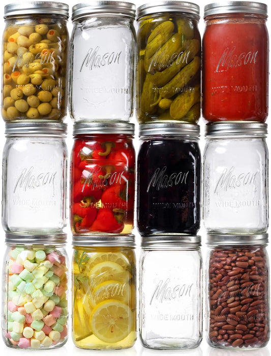 12 Pack Wide Mouth Quart Size Mason Jars with Airtight Lids and Bands - Ideal for Canning, Fermenting, Pickling, or DIY Projects - Made in USA - Includes Jar Opener