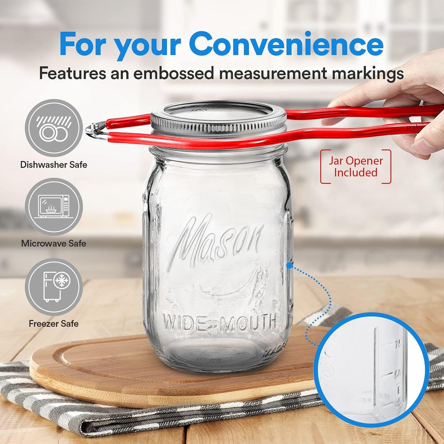 12 Pack Wide Mouth Quart Size Mason Jars with Airtight Lids and Bands - Ideal for Canning, Fermenting, Pickling, or DIY Projects - Made in USA - Includes Jar Opener