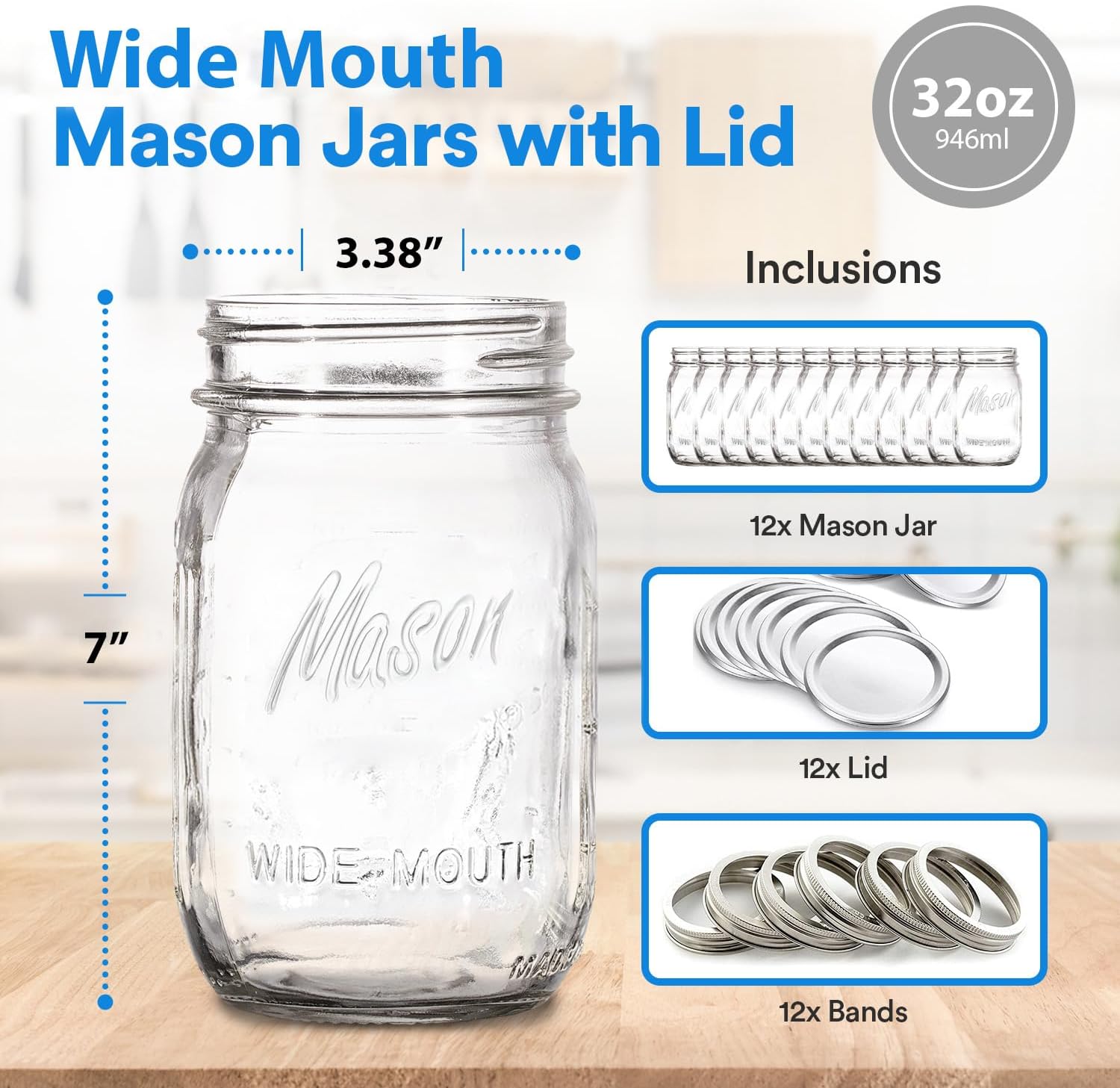 12 Pack Wide Mouth Quart Size Mason Jars with Airtight Lids and Bands - Ideal for Canning, Fermenting, Pickling, or DIY Projects - Made in USA - Includes Jar Opener