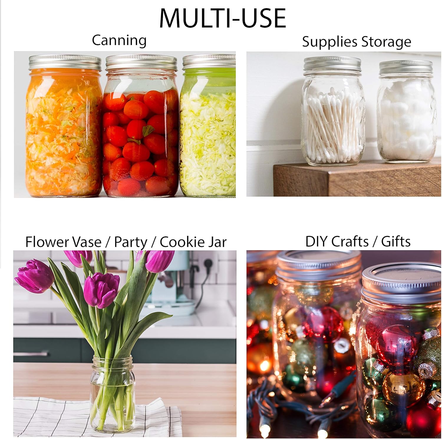 12 Pack Wide Mouth Quart Size Mason Jars with Airtight Lids and Bands - Ideal for Canning, Fermenting, Pickling, or DIY Projects - Made in USA - Includes Jar Opener