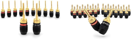 12 Pairs Sewell Deadbolt Flex Pin Banana Plugs for Spring Loaded Speaker Terminals - Gold Plated Speaker Plugs with Quick Connect