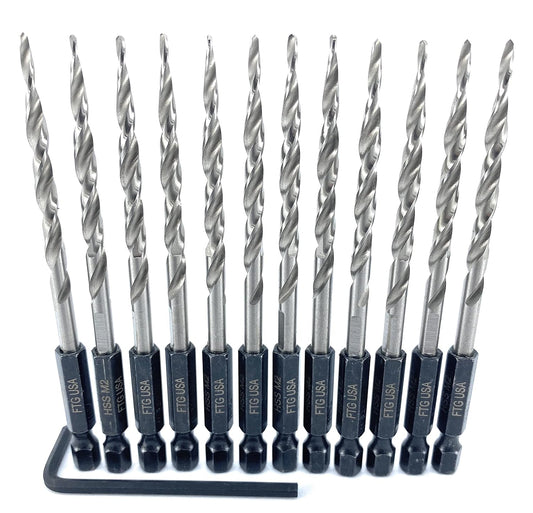 12 Pc #8 (11/64") Tapered Drill Bits Set for Wood - Replacement for FTG Countersink Drill Bit Set - Made in USA