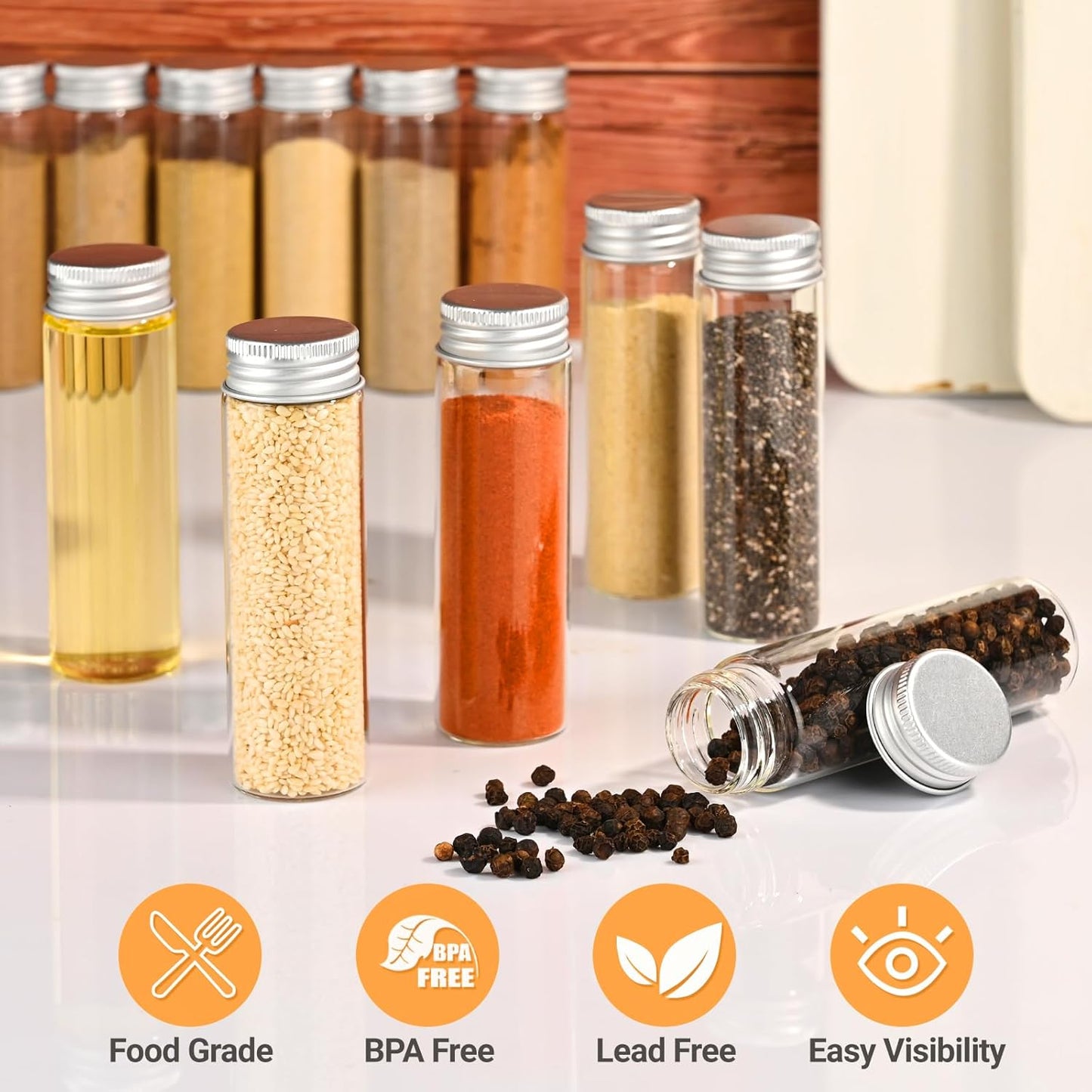 12 PCS 50 ml Glass Spice Jars with Aluminum Lids - Transparent Containers for Seasoning Storage, Home Kitchen, Camping, Gardening