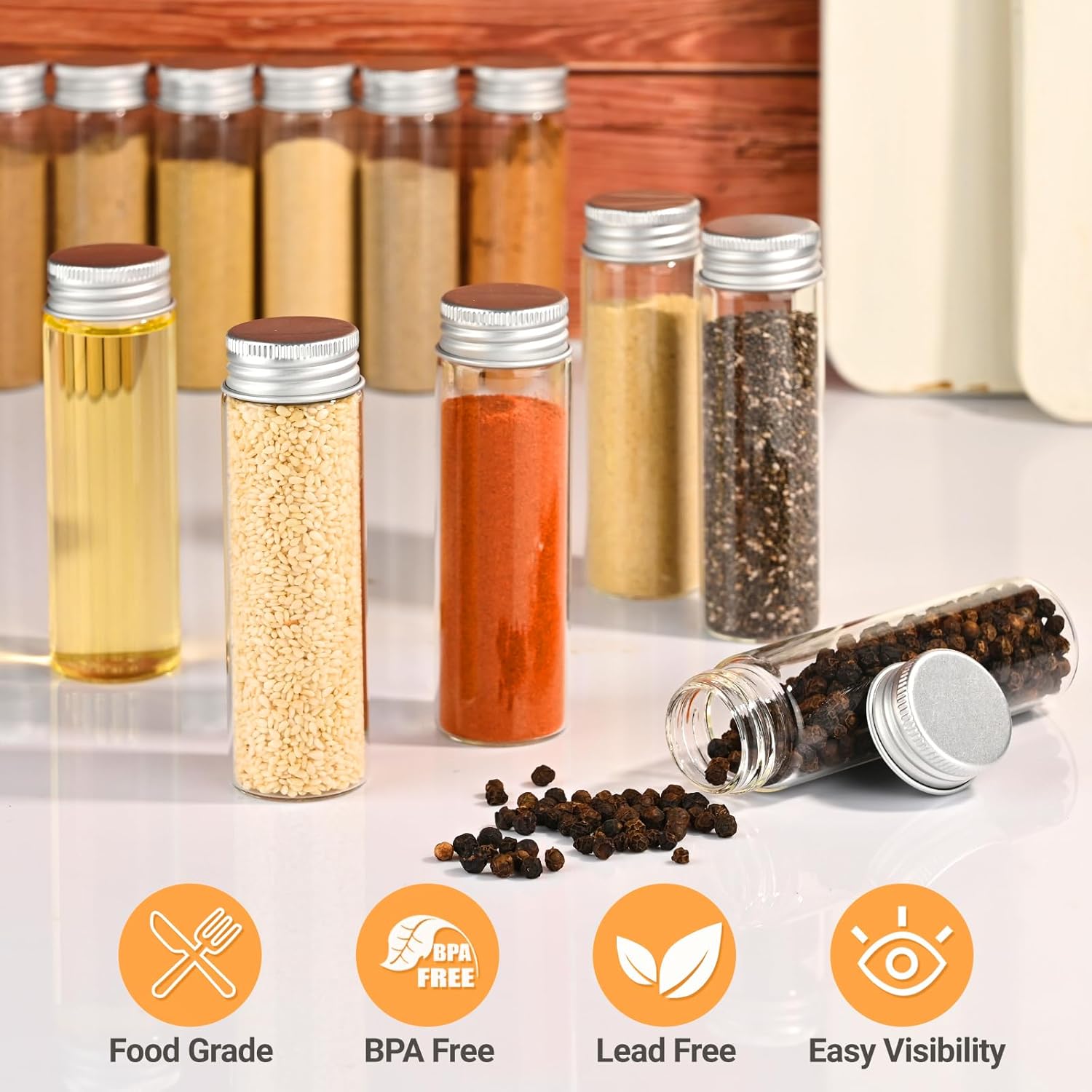 12 PCS 50 ml Glass Spice Jars with Aluminum Lids - Transparent Containers for Seasoning Storage, Home Kitchen, Camping, Gardening