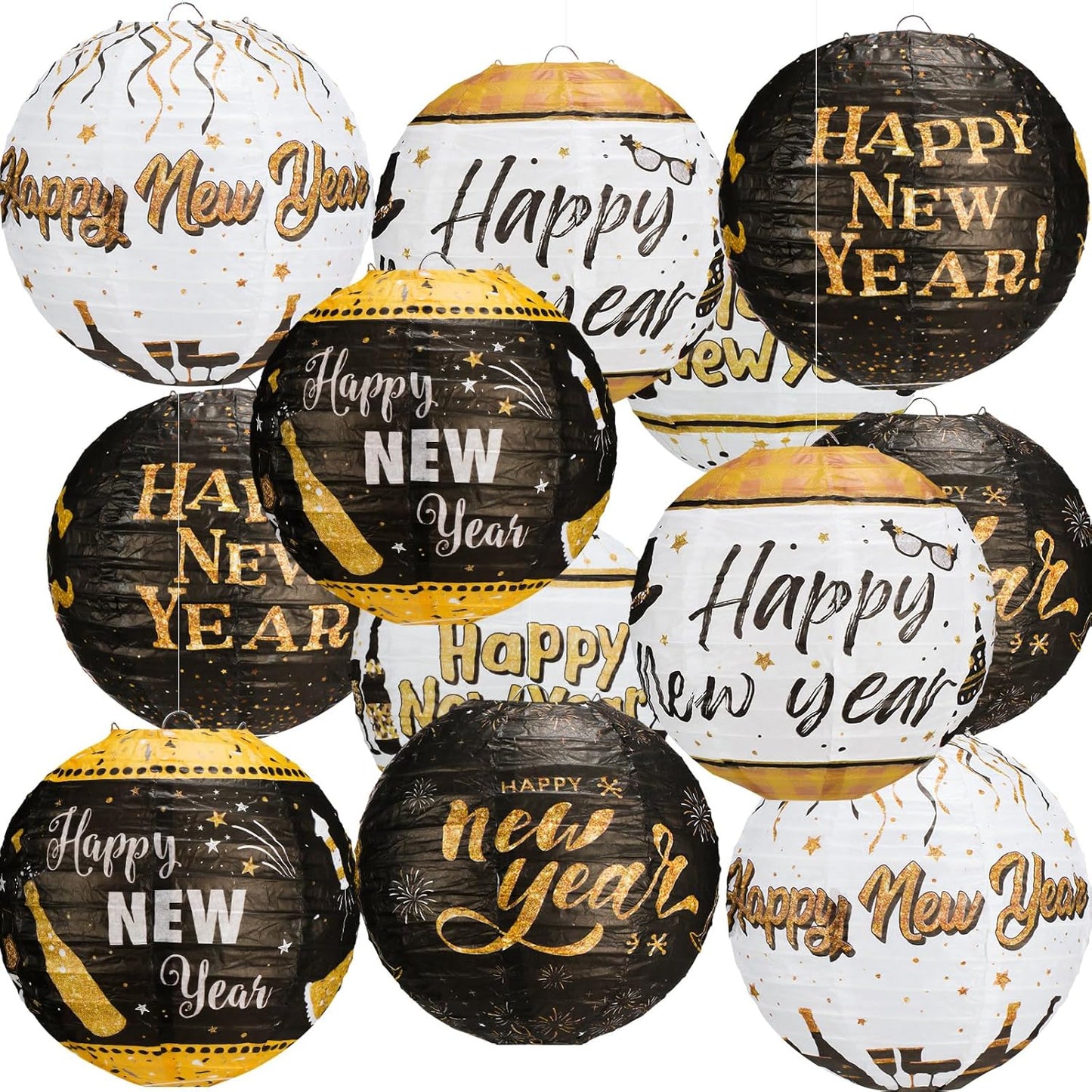 12 Pcs 8 Inch Black and Gold Happy New Year Paper Lanterns for Indoor/Outdoor Party Decorations - 2025 New Year Eve Supplies
