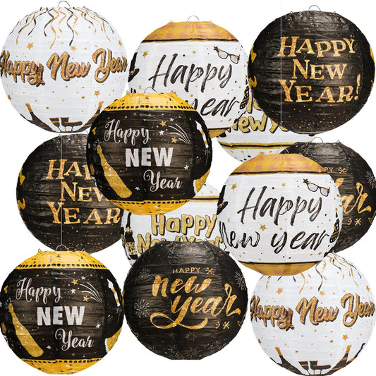 12 Pcs 8 Inch Black and Gold Happy New Year Paper Lanterns for Indoor/Outdoor Party Decorations - 2025 New Year Eve Supplies
