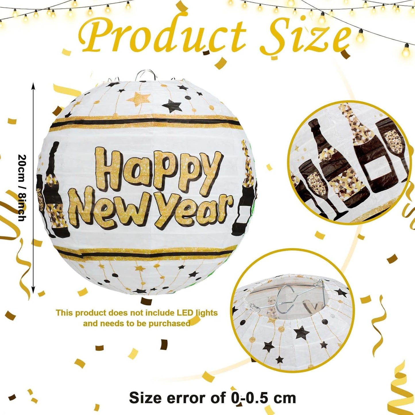 12 Pcs 8 Inch Black and Gold Happy New Year Paper Lanterns for Indoor/Outdoor Party Decorations - 2025 New Year Eve Supplies