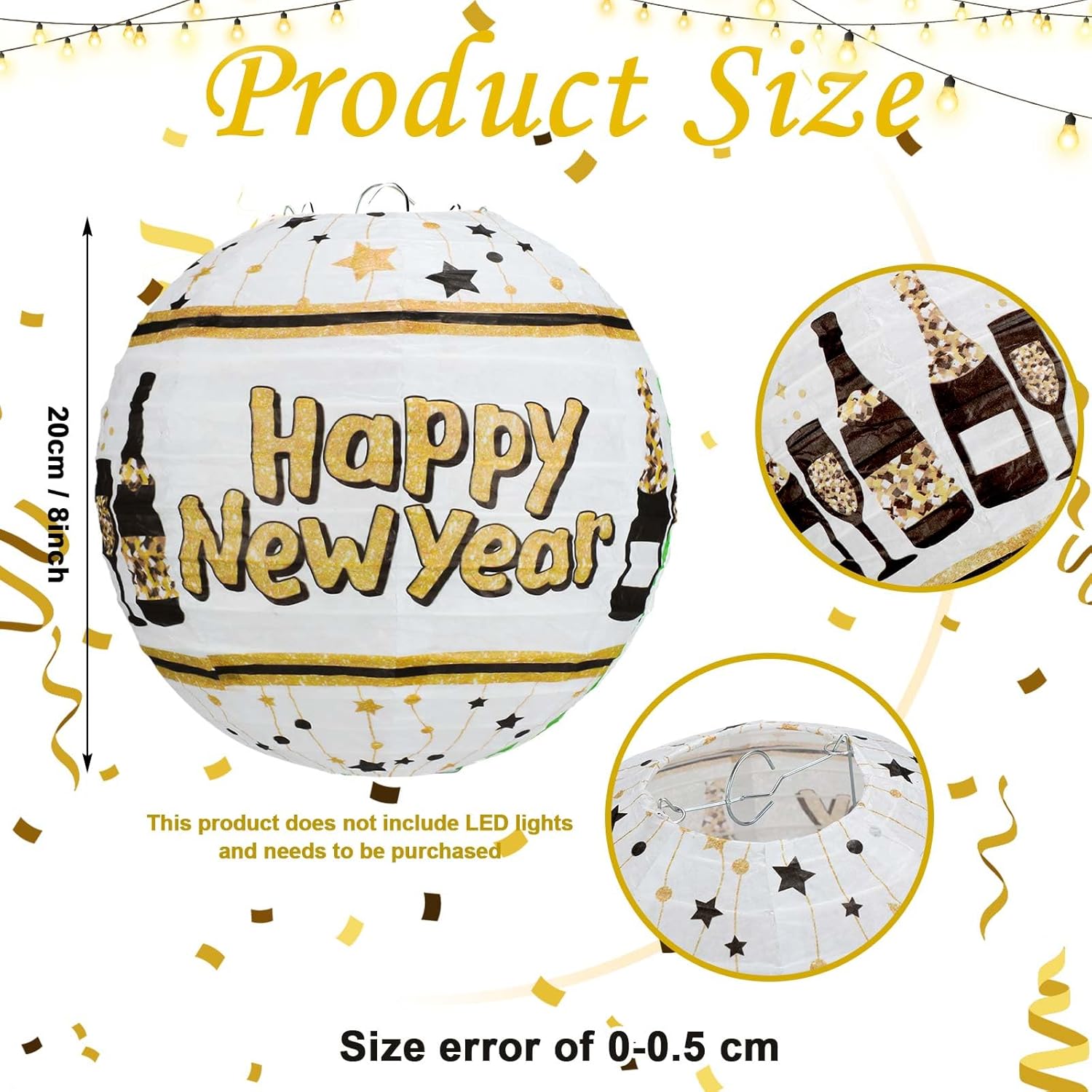 12 Pcs 8 Inch Black and Gold Happy New Year Paper Lanterns for Indoor/Outdoor Party Decorations - 2025 New Year Eve Supplies