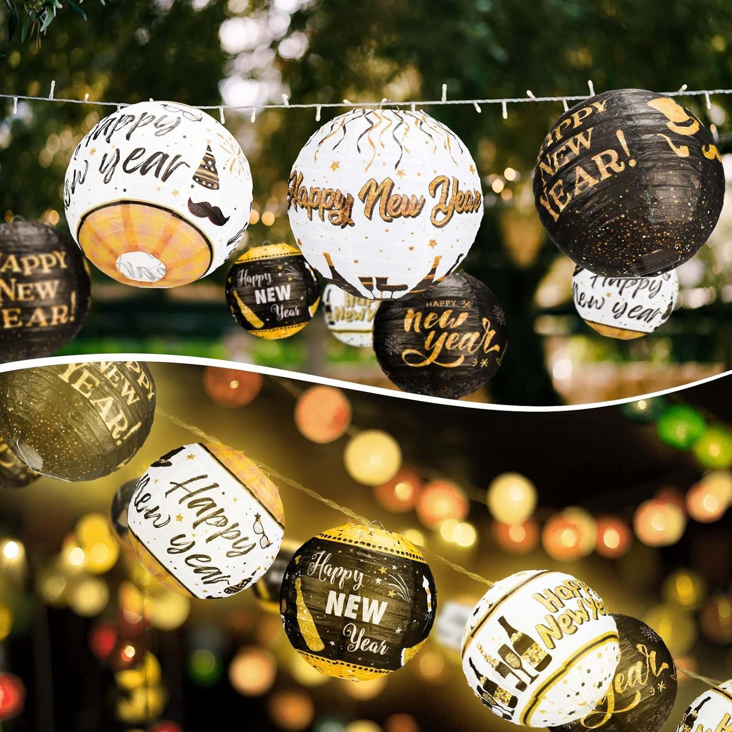 12 Pcs 8 Inch Black and Gold Happy New Year Paper Lanterns for Indoor/Outdoor Party Decorations - 2025 New Year Eve Supplies