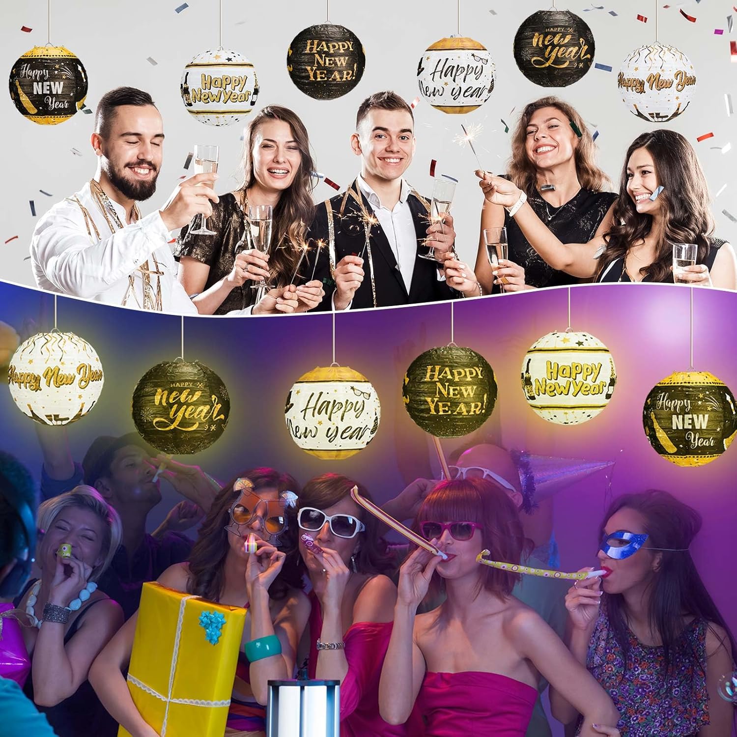 12 Pcs 8 Inch Black and Gold Happy New Year Paper Lanterns for Indoor/Outdoor Party Decorations - 2025 New Year Eve Supplies