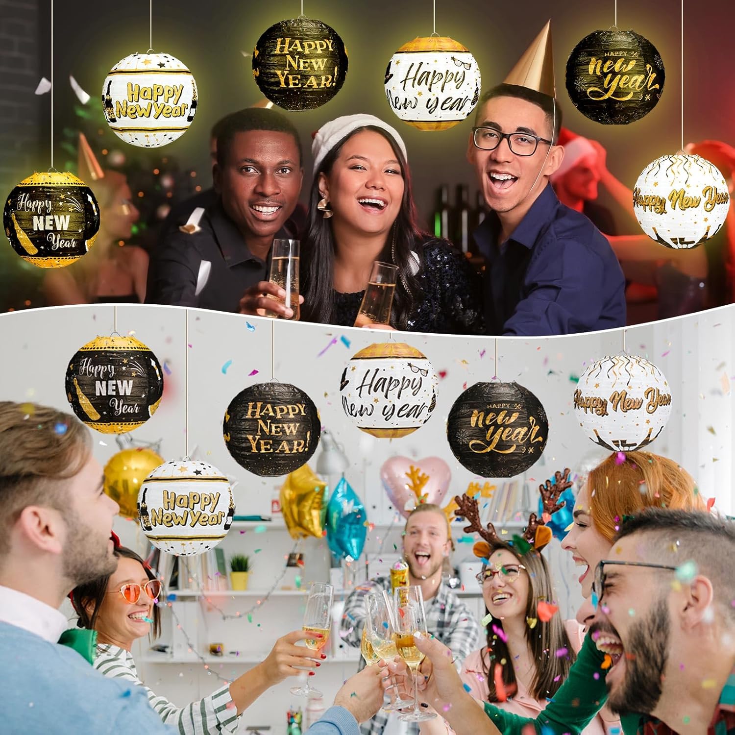 12 Pcs 8 Inch Black and Gold Happy New Year Paper Lanterns for Indoor/Outdoor Party Decorations - 2025 New Year Eve Supplies