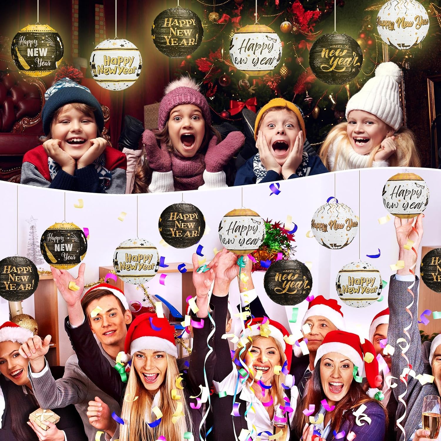 12 Pcs 8 Inch Black and Gold Happy New Year Paper Lanterns for Indoor/Outdoor Party Decorations - 2025 New Year Eve Supplies