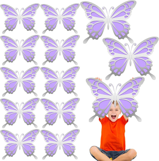 12-Piece 3D Large Butterfly Party Decoration Sticker Set - Silver & Purple Wall Mural for Birthday, Baby Shower, Nursery, Bedroom, Wedding
