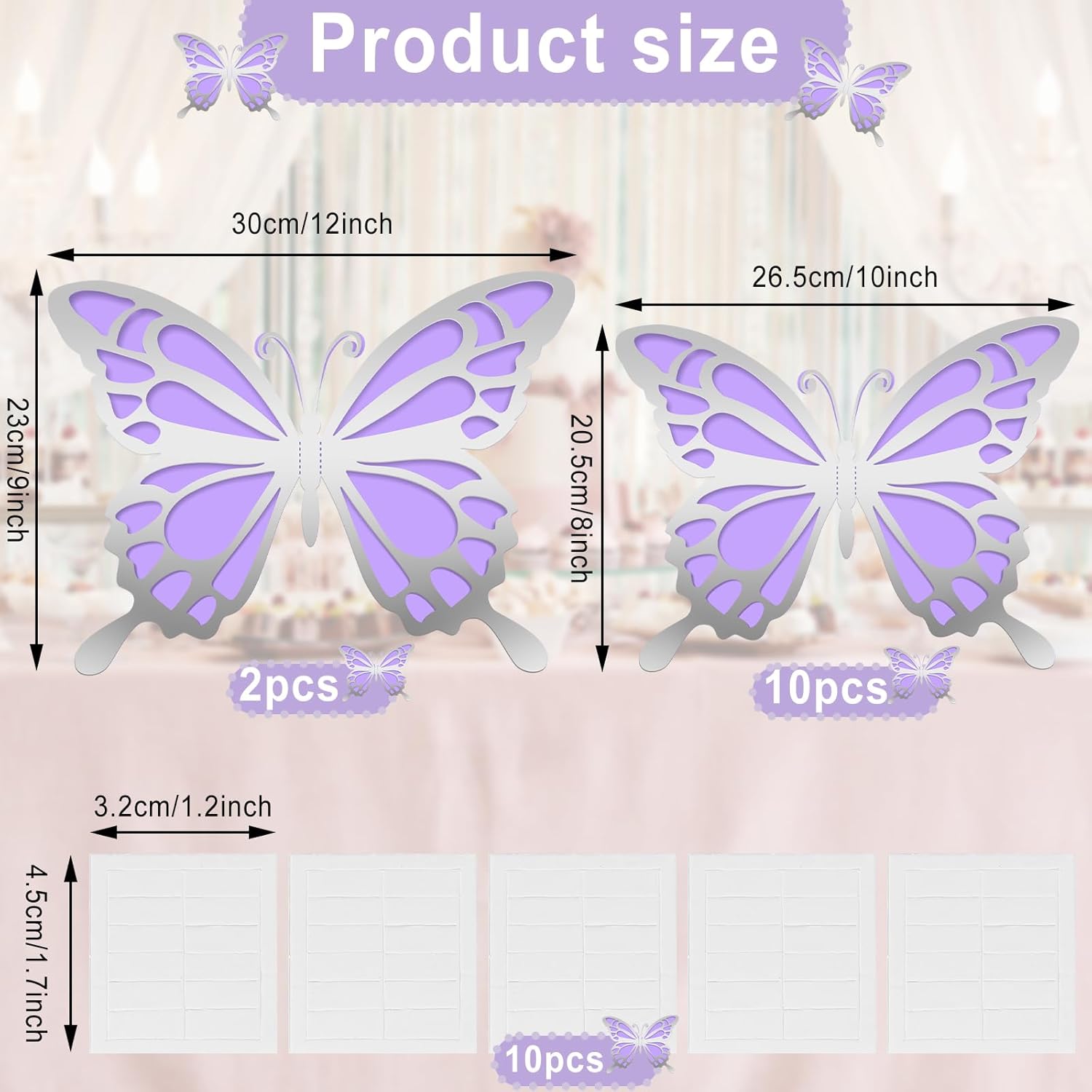 12-Piece 3D Large Butterfly Party Decoration Sticker Set - Silver & Purple Wall Mural for Birthday, Baby Shower, Nursery, Bedroom, Wedding