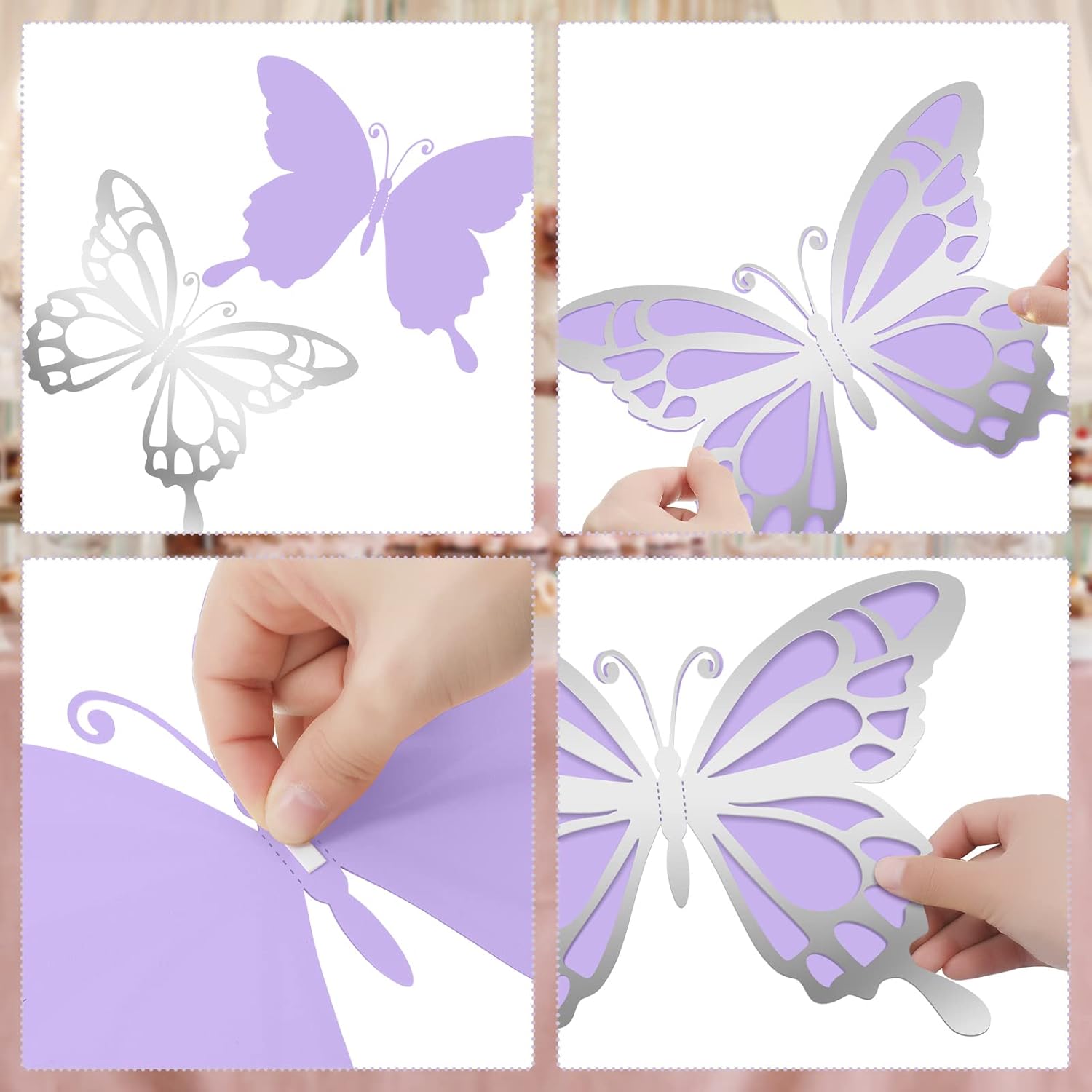 12-Piece 3D Large Butterfly Party Decoration Sticker Set - Silver & Purple Wall Mural for Birthday, Baby Shower, Nursery, Bedroom, Wedding