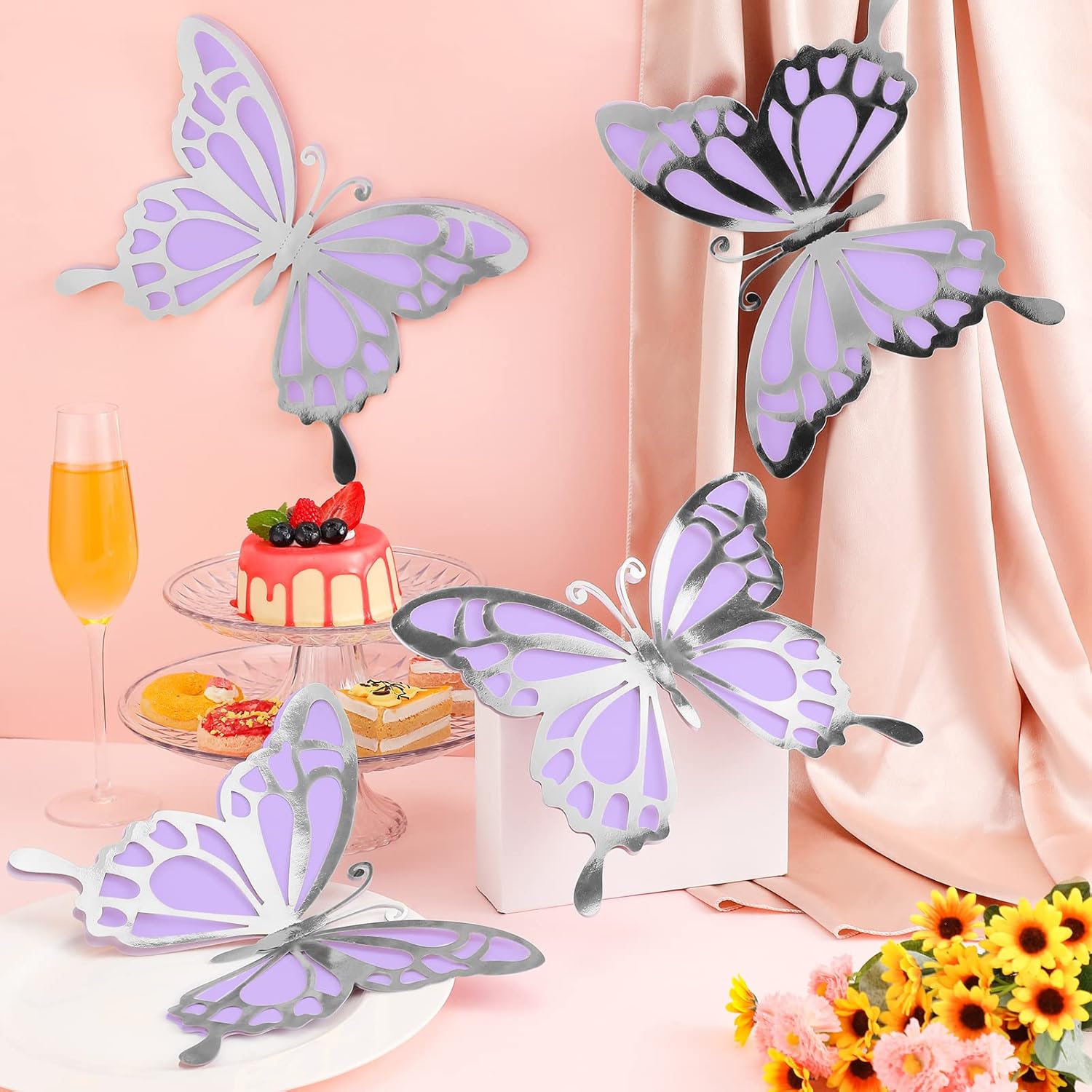 12-Piece 3D Large Butterfly Party Decoration Sticker Set - Silver & Purple Wall Mural for Birthday, Baby Shower, Nursery, Bedroom, Wedding