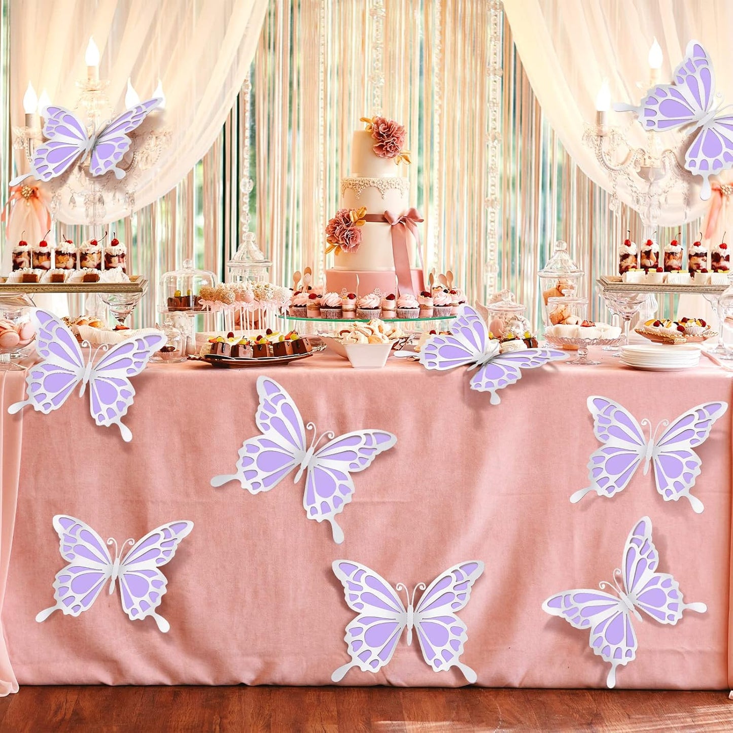 12-Piece 3D Large Butterfly Party Decoration Sticker Set - Silver & Purple Wall Mural for Birthday, Baby Shower, Nursery, Bedroom, Wedding