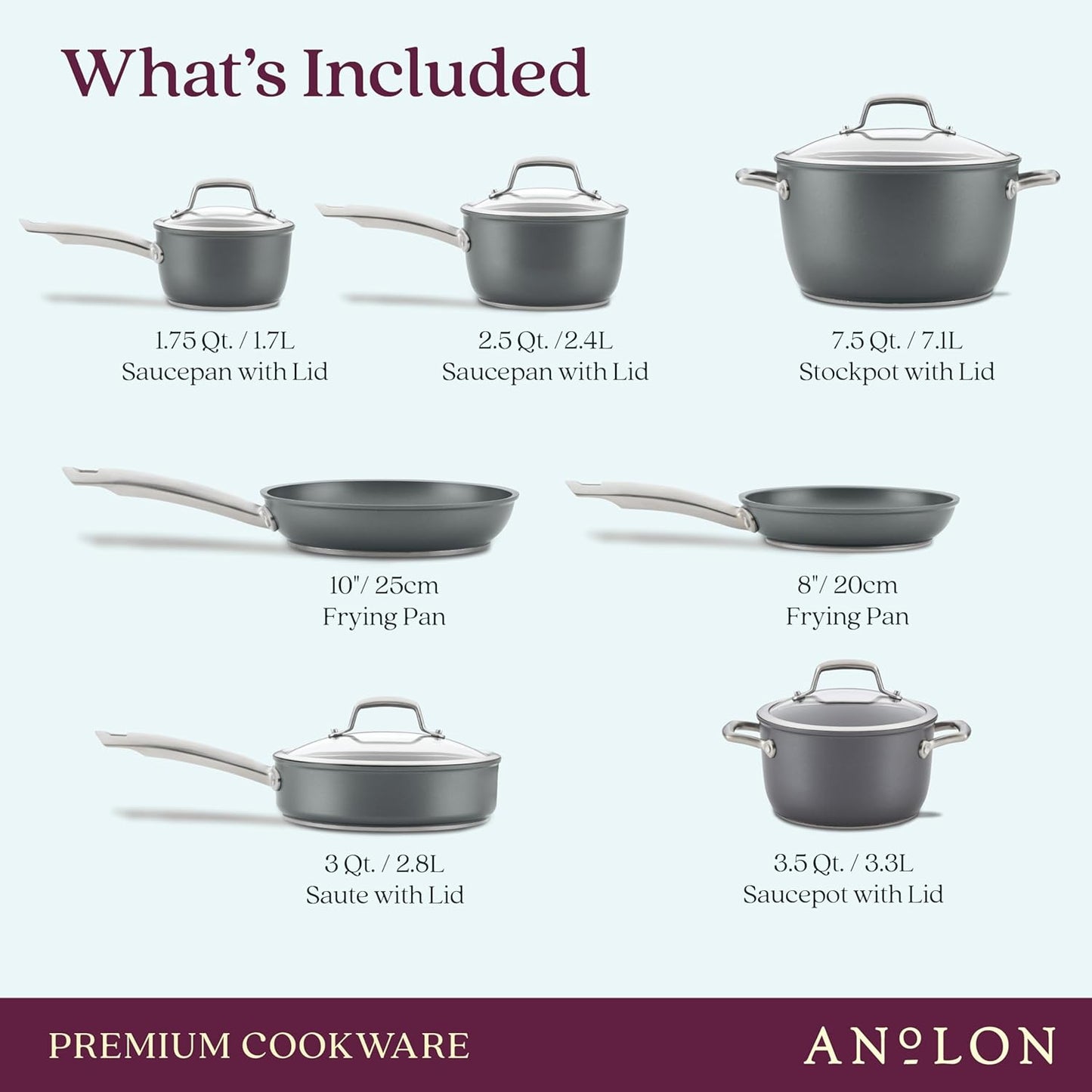12 Piece Anolon Accolade Hard Anodized Nonstick Cookware Set in Moonstone Gray