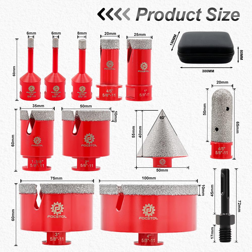 12-Piece Diamond Core Drill Bit Set for Porcelain, Ceramic Tile, Marble, Granite - 6 to 100mm Sizes + SDS Bit