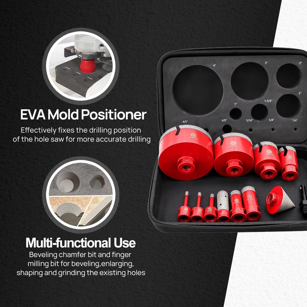 12-Piece Diamond Core Drill Bit Set for Porcelain, Ceramic Tile, Marble, Granite - 6 to 100mm Sizes + SDS Bit