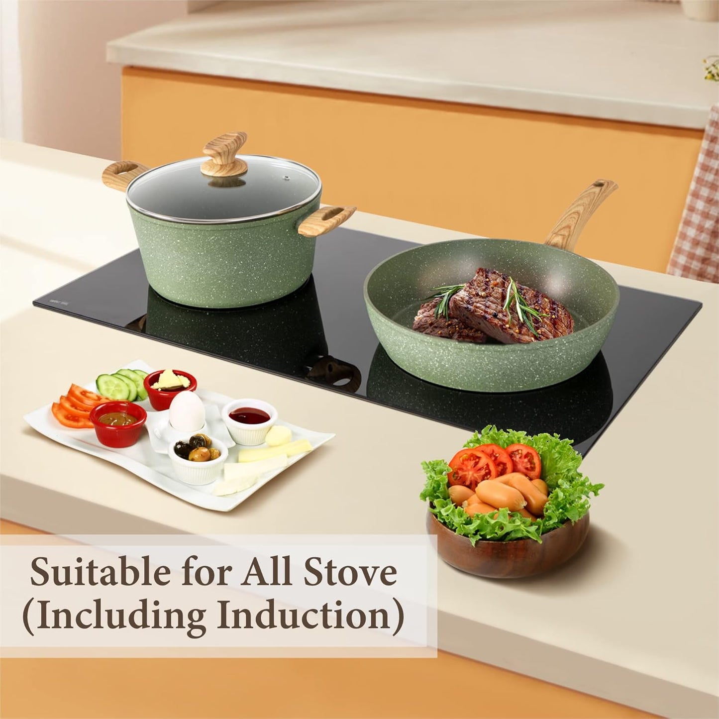 12-Piece Green Granite Nonstick Induction Cookware Set by Kitchen Academy