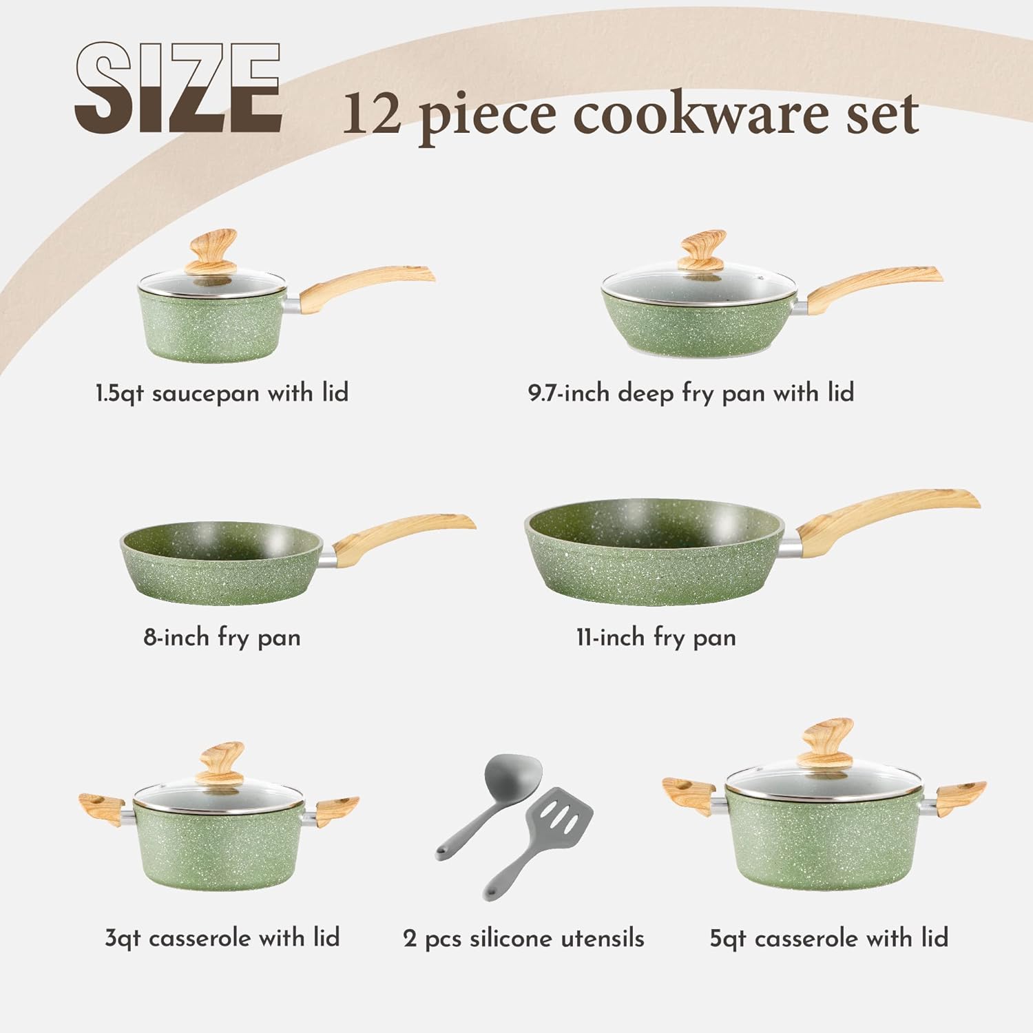 12-Piece Green Granite Nonstick Induction Cookware Set by Kitchen Academy