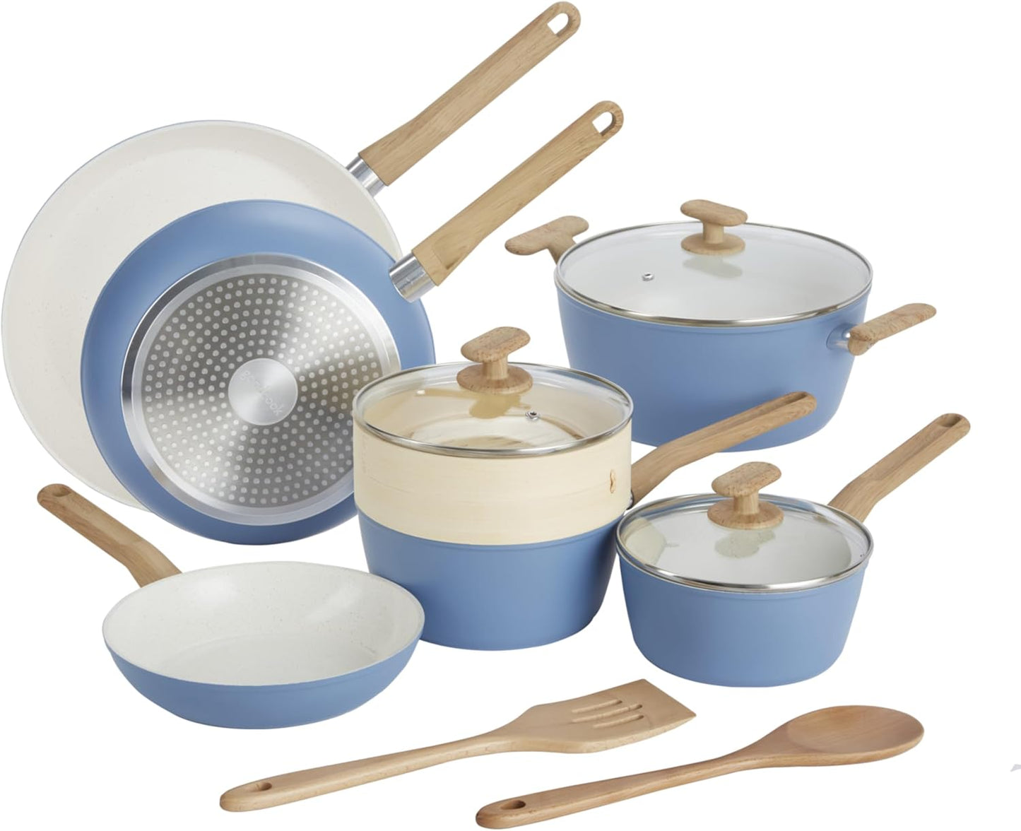 12-Piece Healthy Titanium-Infused Ceramic Cookware Set - Light Blue Induction Nonstick Pan & Pot Set with Steamer, Spoon, and Turner