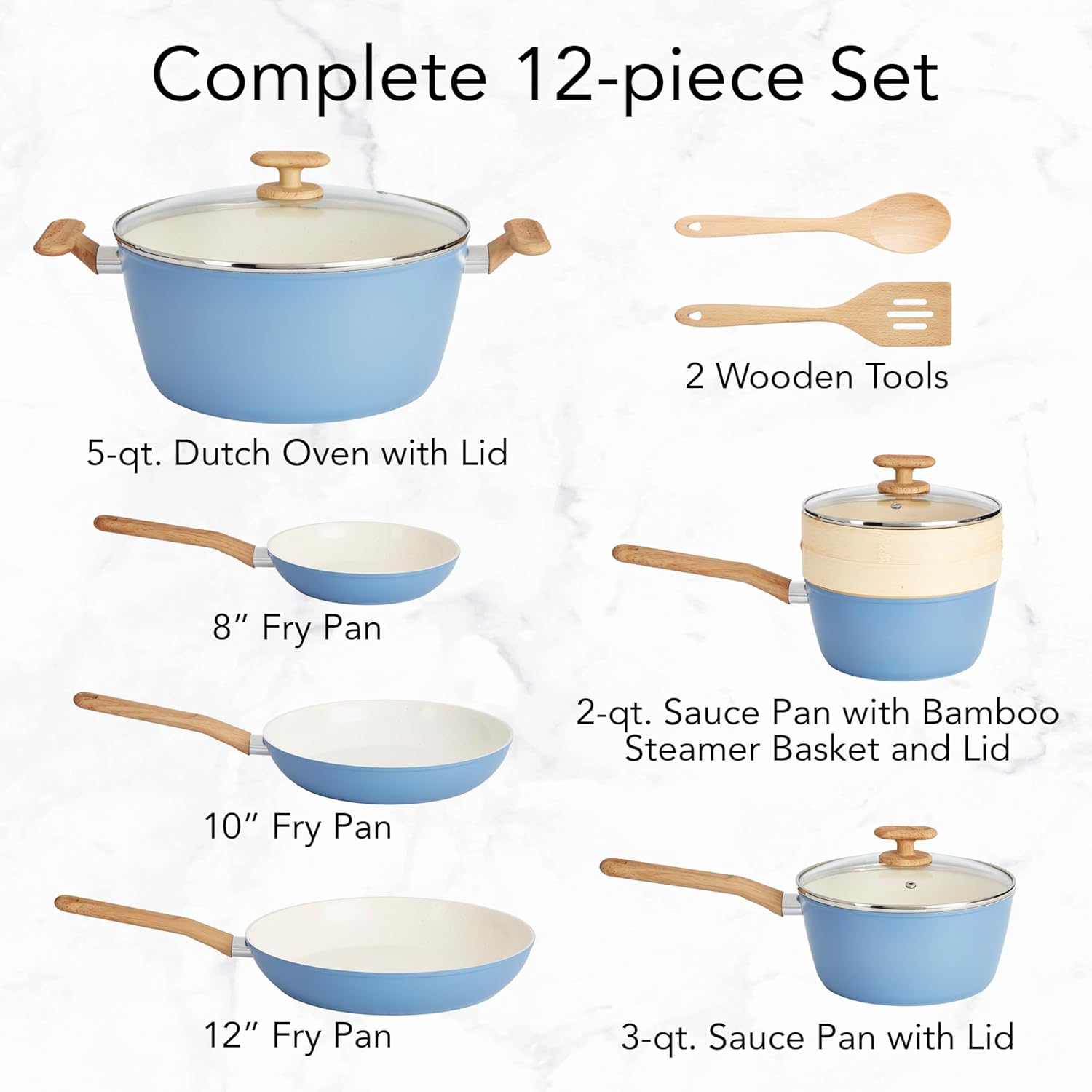 12-Piece Healthy Titanium-Infused Ceramic Cookware Set - Light Blue Induction Nonstick Pan & Pot Set with Steamer, Spoon, and Turner