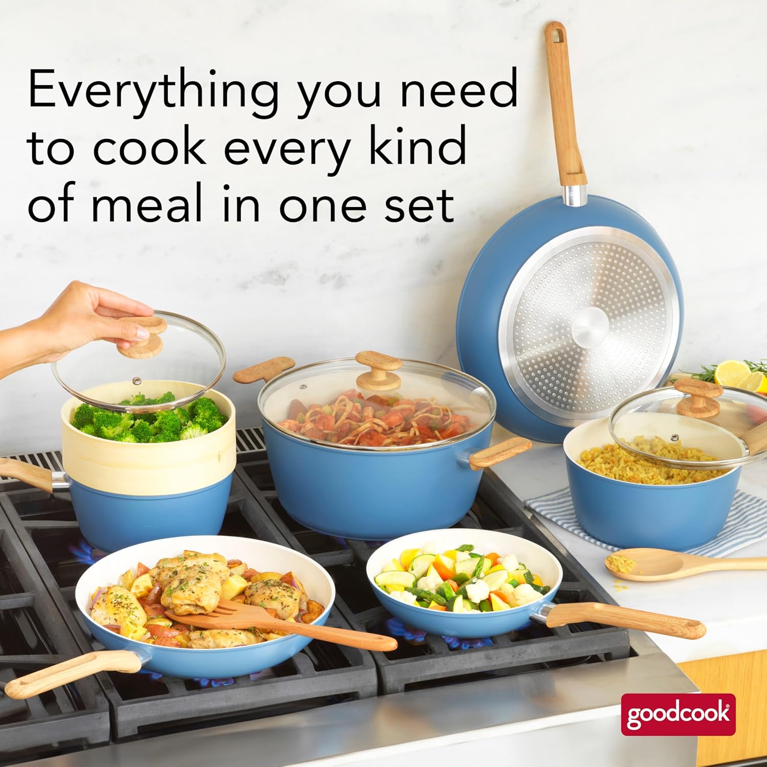 12-Piece Healthy Titanium-Infused Ceramic Cookware Set - Light Blue Induction Nonstick Pan & Pot Set with Steamer, Spoon, and Turner