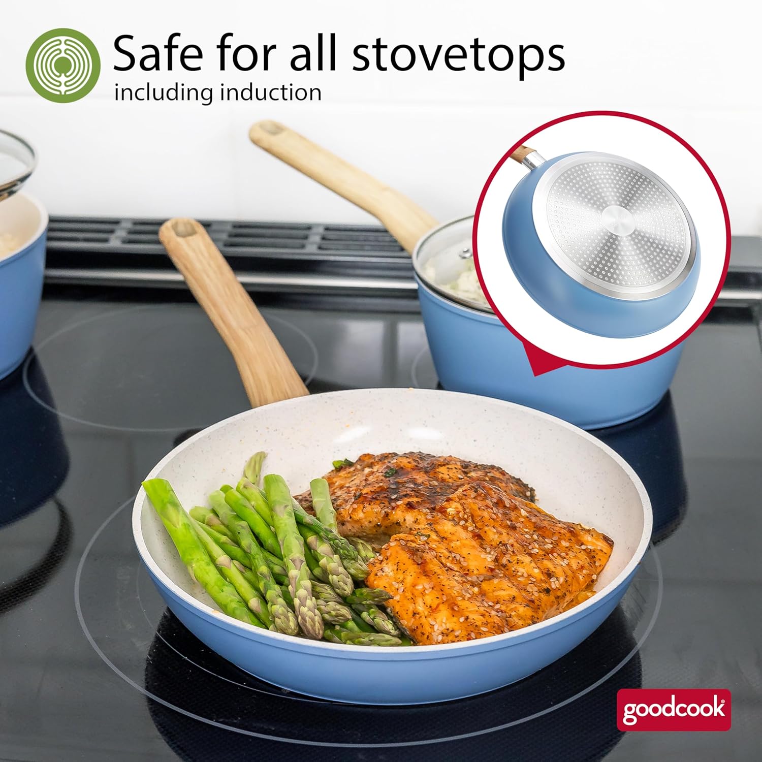 12-Piece Healthy Titanium-Infused Ceramic Cookware Set - Light Blue Induction Nonstick Pan & Pot Set with Steamer, Spoon, and Turner