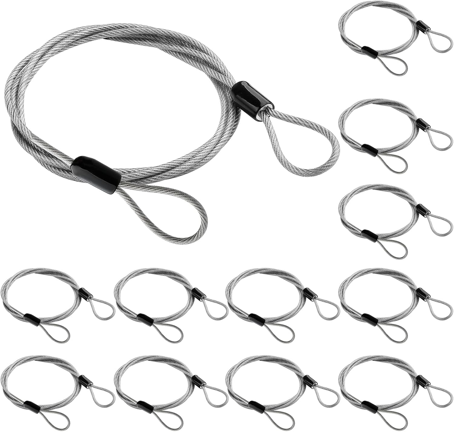 12-Piece Heavy-Duty Braided Steel Security Cable with Loops - 3.93ft x 3mm - Ideal for Gates, Bikes, Luggage, Toolbox, Tent - Silver Color