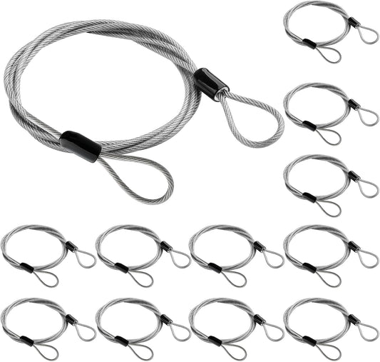 12-Piece Heavy-Duty Braided Steel Security Cable with Loops - 3.93ft x 3mm - Ideal for Gates, Bikes, Luggage, Toolbox, Tent - Silver Color