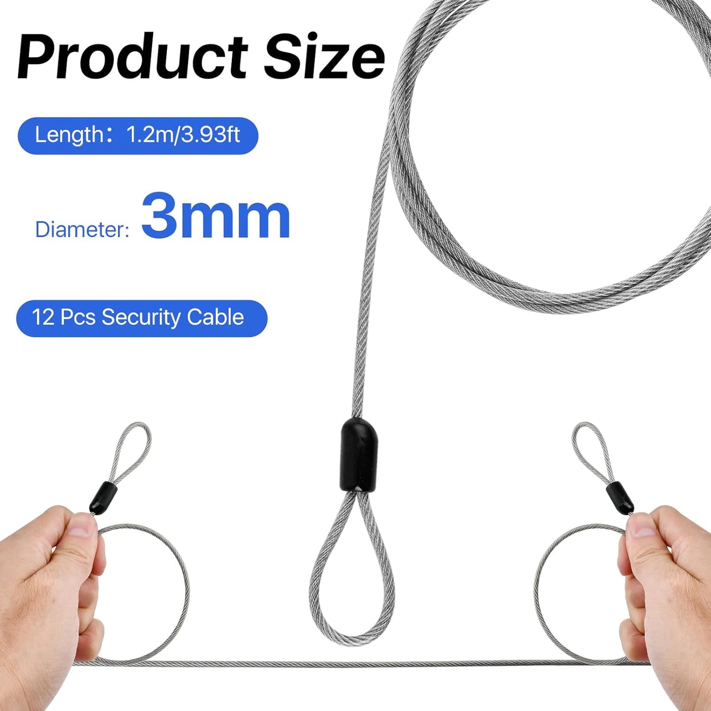 12-Piece Heavy-Duty Braided Steel Security Cable with Loops - 3.93ft x 3mm - Ideal for Gates, Bikes, Luggage, Toolbox, Tent - Silver Color