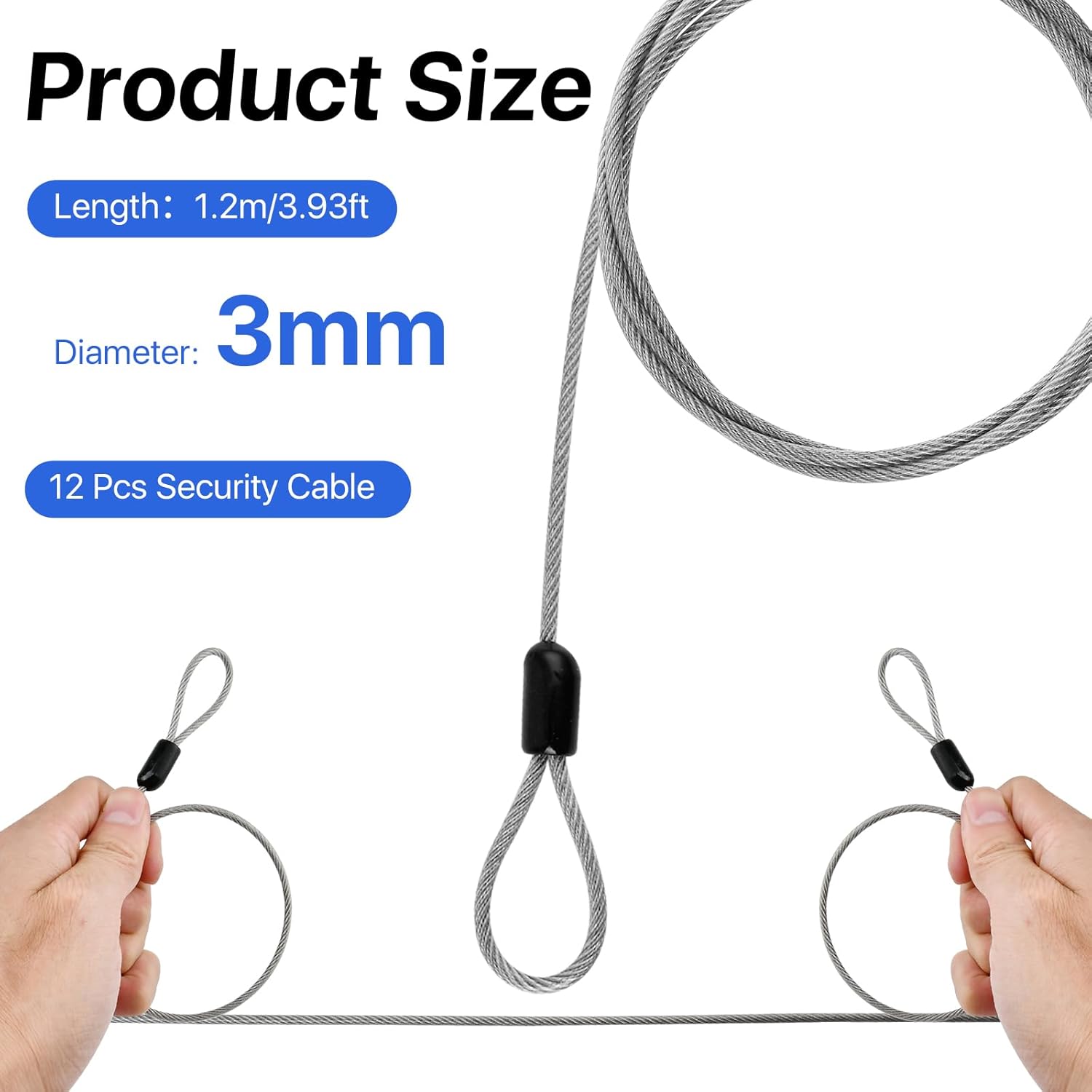 12-Piece Heavy-Duty Braided Steel Security Cable with Loops - 3.93ft x 3mm - Ideal for Gates, Bikes, Luggage, Toolbox, Tent - Silver Color