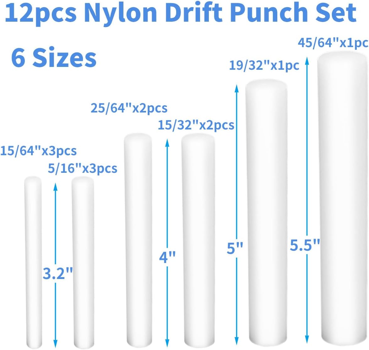 12-Piece Non-Marring Nylon Drift Punch Set, Non-Sparking Nylon Rod, 15/64"-45/64" Punch Sizes