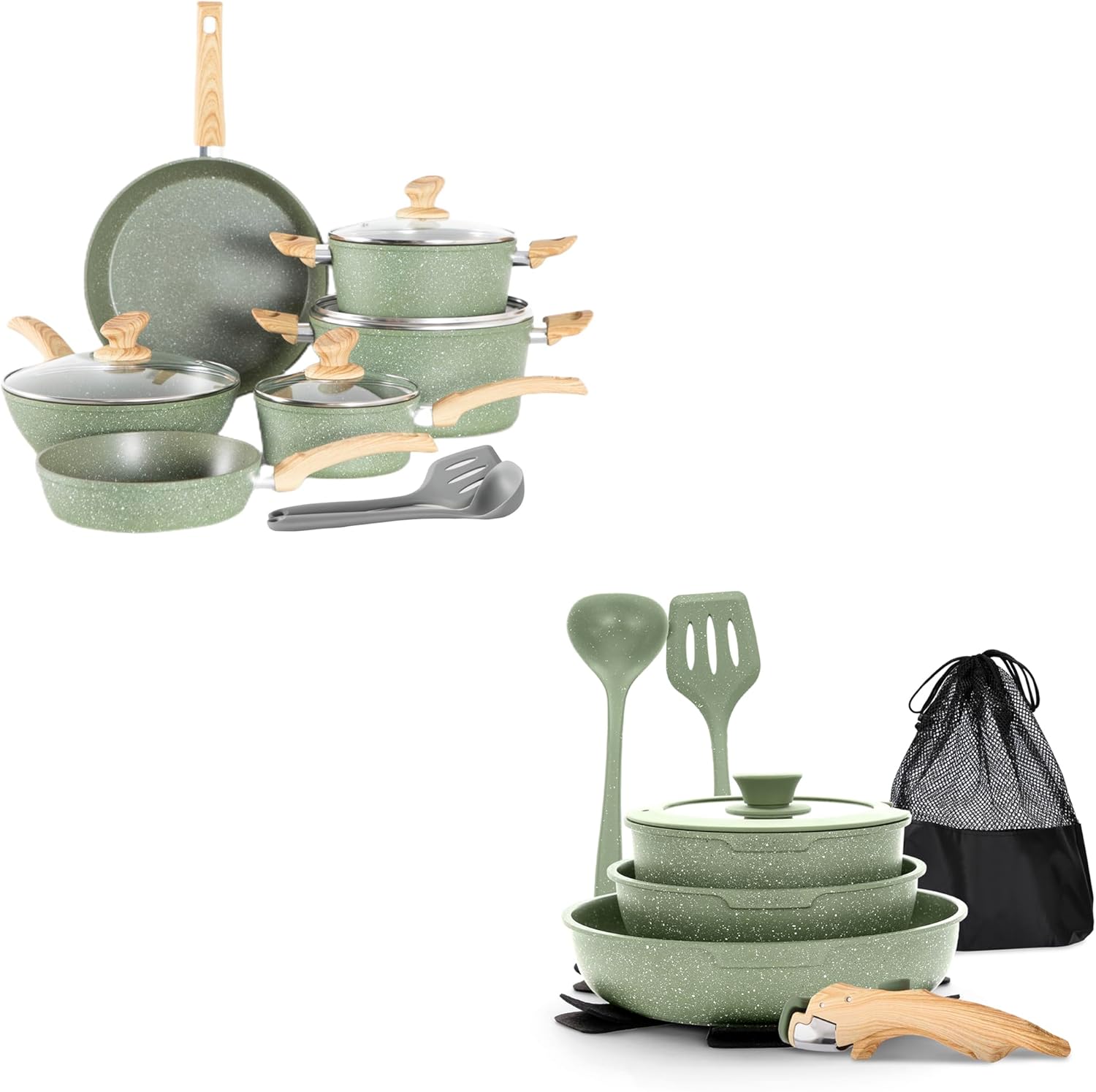 12-Piece Non-Stick Cookware Set with 10 Detachable Handle Pots and Pans - Green