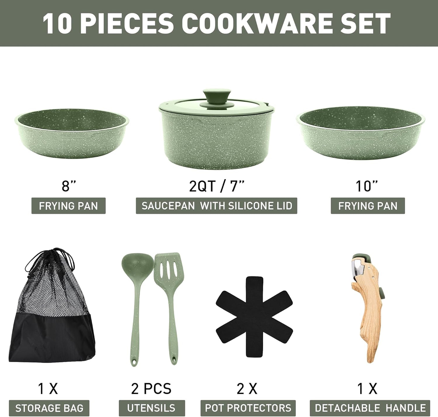12-Piece Non-Stick Cookware Set with 10 Detachable Handle Pots and Pans - Green