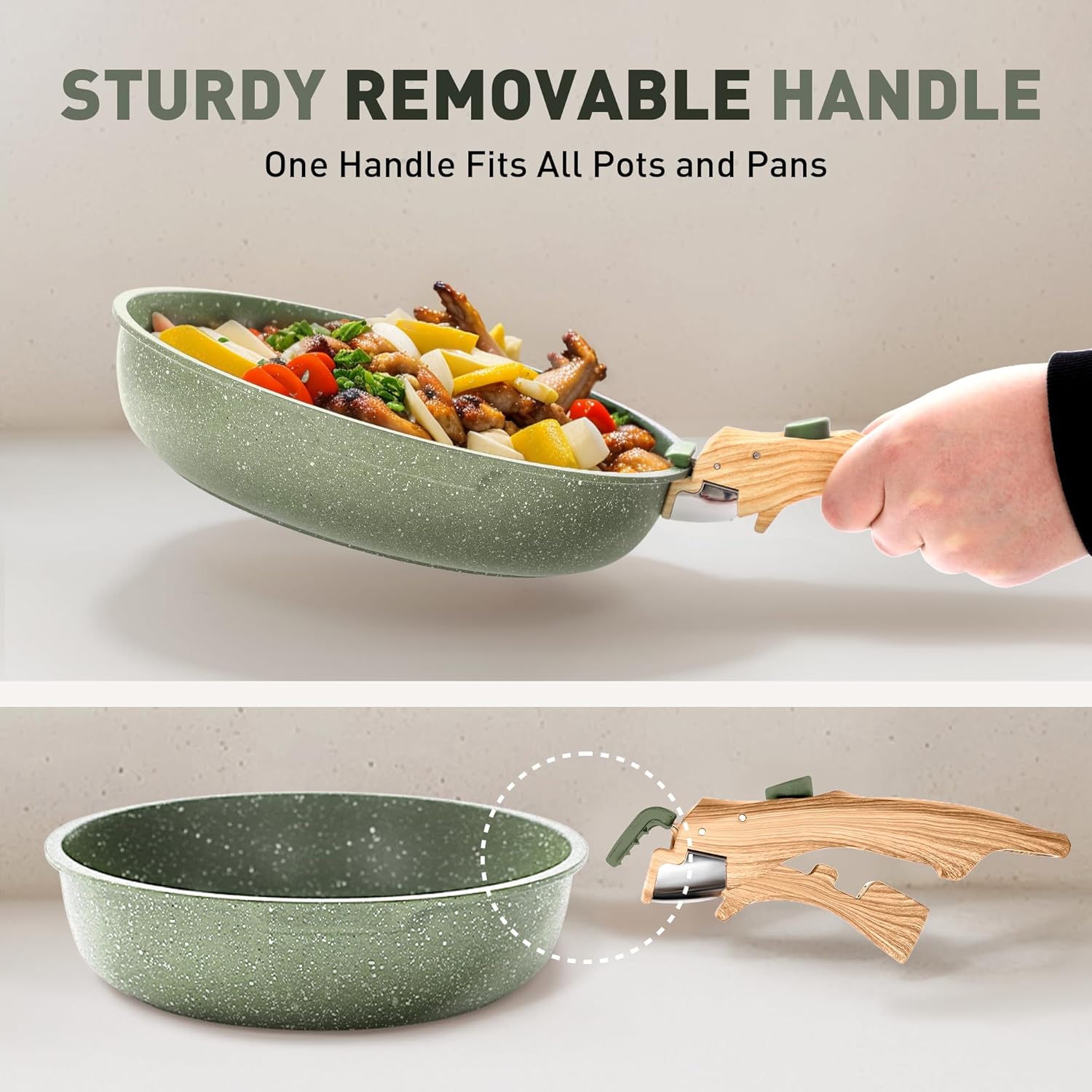 12-Piece Non-Stick Cookware Set with 10 Detachable Handle Pots and Pans - Green